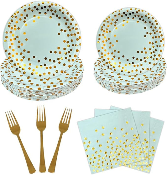 Party Supplies 100 pcs for 25 Guests, Stylish Light Green & Gold Foil Polka Dots Paper Plates 9 inch & 7 inch, Napkins Disposable Plastic Forks for Wedding, Bridal Shower, Birthday, Picnic