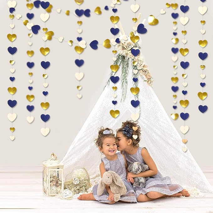 52Ft Valentines Day Party Decorations Navy Blue Gold Love Heart Garland Royal Blue Gold Hanging Streamer Banner for Anniversary Mothers Day Bachelorette Engagement Wedding Bridal Shower Birthday Party