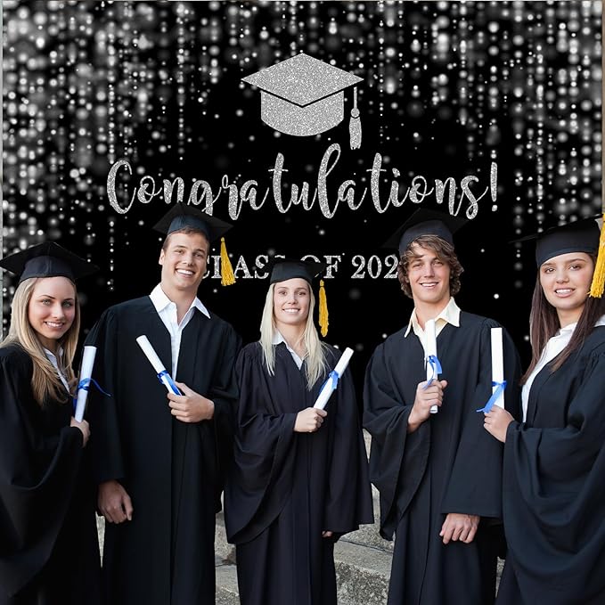 Mocsicka Class of 2026 Backdrop Black Silver Glitter Bokeh Graduation Party Background 2026 Congrats Grad Prom Party Cake Table Decoration Photo Booth Props (10x7ft)