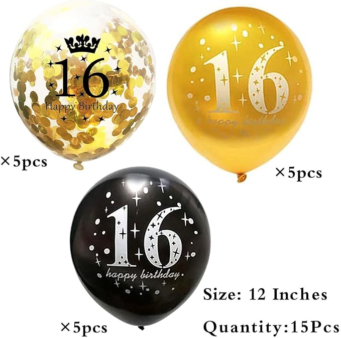 SHUNTAI 16 Birthday Balloons Gold and Black 16th Birthday Decorations Latex Confetti Balloon for 16 years old Anniversary Happy Birthday Party Supplies 12 Inch 15 Pack