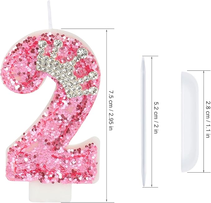 Birthday Number Candles,Pink Crown Birthday Candles for Cake,Glitter Number 2 Candle Cake Topper with Sequins for Girls,Women, Anniversary Celebrations Supplies (Pink 2)