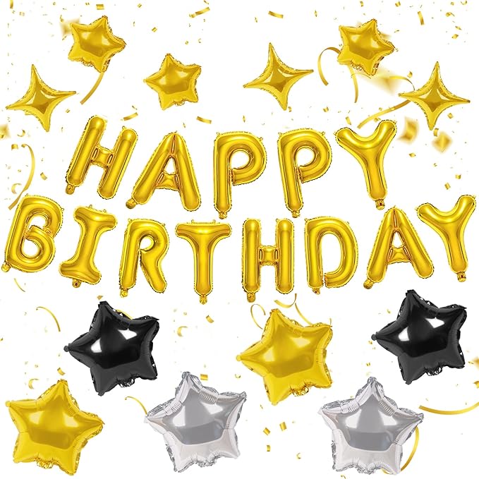 CANREVEL Happy Birthday Banner 13pcs 16 Inch Mylar Foil Letters with 12pcs Star Balloons Birthday Party Decorations for Kids and Adults - 3D Gold
