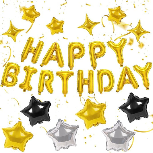 CANREVEL Happy Birthday Banner 13pcs 16 Inch Mylar Foil Letters with 12pcs Star Balloons Birthday Party Decorations for Kids and Adults - 3D Gold