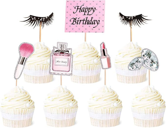 Ercadio 28Pcs Makeup Birthday Cupcake Toppers Diamond Lipstick Cupcake Picks Eyelash Food Picks for Makeup Girl Pink Birthday Cupcake Decorations Bridal Shower Cosmetics Bachelorette Party Supplies