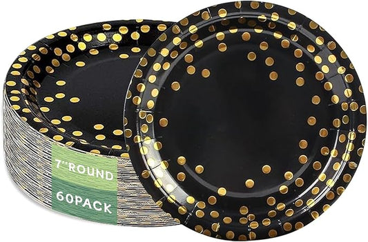 Stylish Paper Plates 60 Count,Eco Compostable Plates,7" Glod Foil Polka Dots Black Small Paper Plates Disposable Plates for Daily Use,Party,Easter, Birthday,Wedding