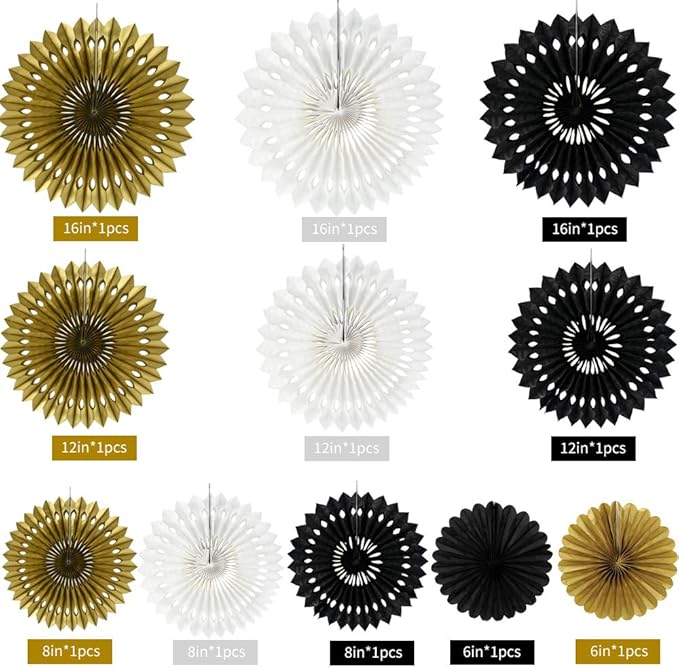 BEISHIDA Black Gold White Hanging Honeycomb Round Paper Fan Decoration Set for Christmas Halloween New Years Baby Shower Birthday Wedding Bachelorette Photo Backdrop Anniversary Party Supplies（11pack）