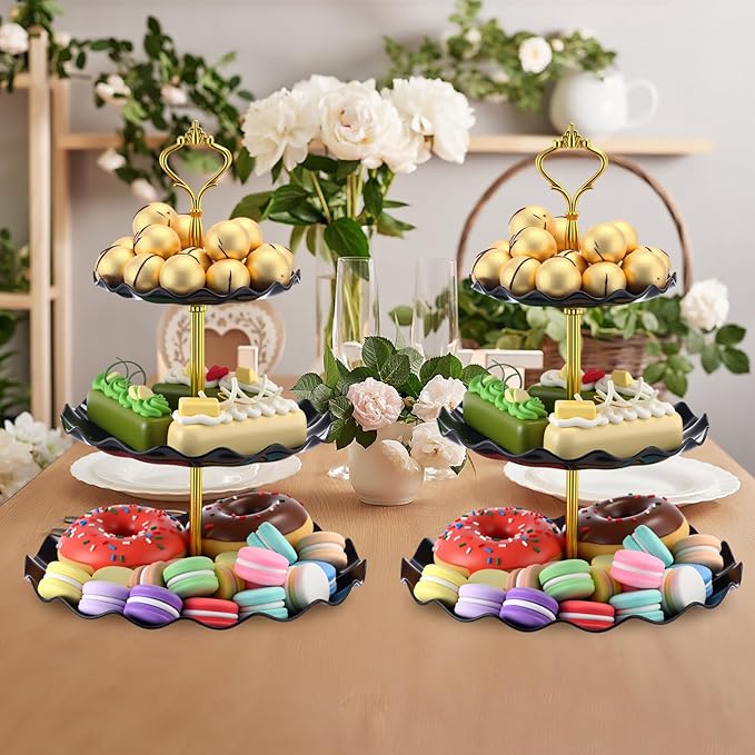 Patelai 8 Packs 3 Tier Cupcake Stand Holder Plastic Cake Serving Display Stand Tower Donuts Cookie Dessert Tray Holder Wave Shape with Gold Rod for Wedding Birthday Baby Shower Tea Party(Black)