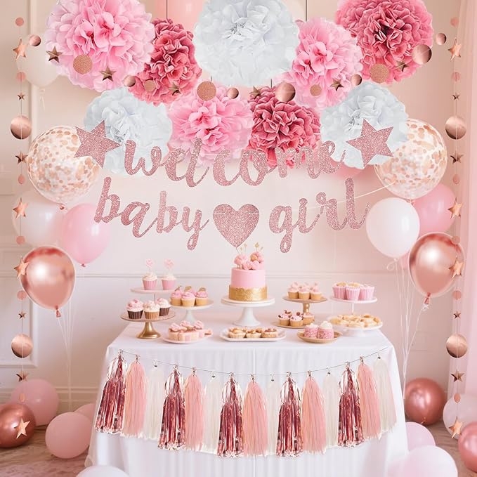 Pink Rose Gold Girl Baby Shower Decorations Welcome Baby Girl Banner, Pom Poms Flowers Tassels, Circle Dots Star Garland, Gender Reveal Birthday Party Supplies