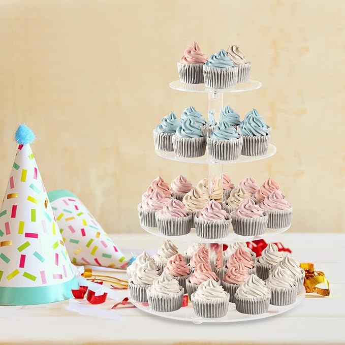 CECOLIC Acrylic Cupcake Stand Clear Cupcake Holder Display Stand Dessert Pastry Tower Stand for Wedding Birthday Bar Party Décor (Round - 4 Tier)
