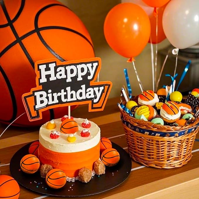 24Pcs Basketballs Cupcake Toppers Foam Sports Ball Cupcake Picks for Baby Shower Kids Basketball Theme Birthday Party Cake Decorations Supplies