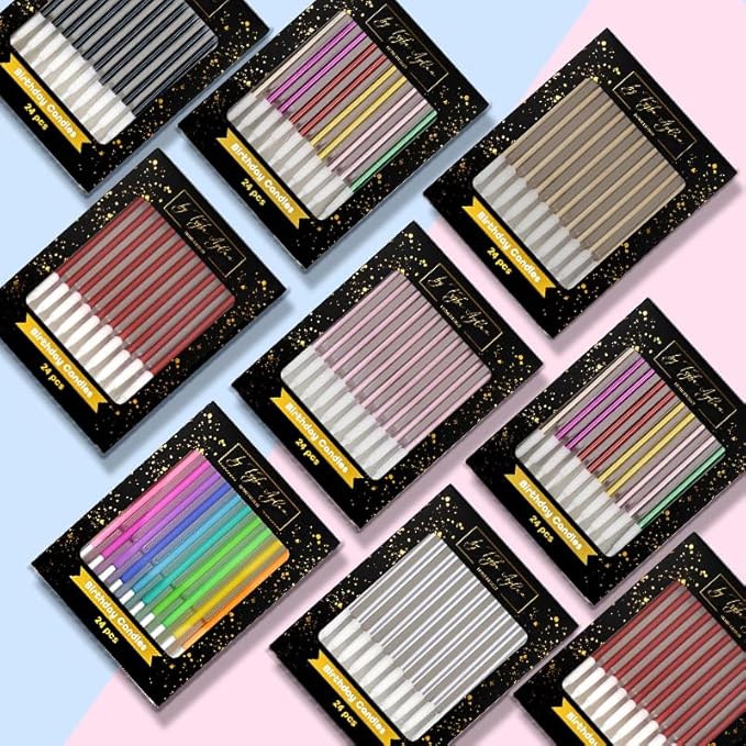 by Tugba Aydan - Rainbow Birthday Candles - 24 Count Long Thin Rainbow Birthday Candles for Cake, Metallic Cake Candle for Birthday, Party Candles