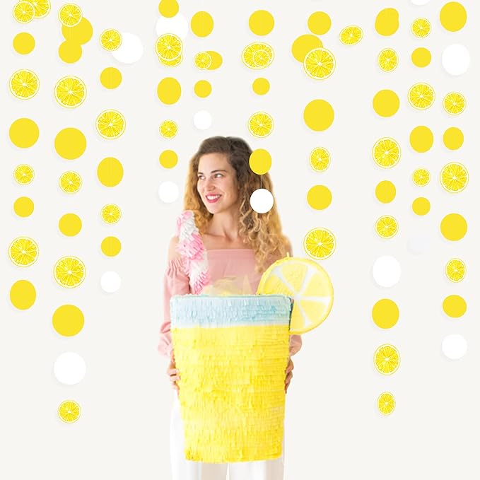 63 Ft Lemon Party Decorations Yellow White Circle Dots Garland Polka Dot Hanging Paper Streamer for Lemon Themed Wedding Bridal Shower Engagement Bachelorette Baby Shower Birthday Party Supplies