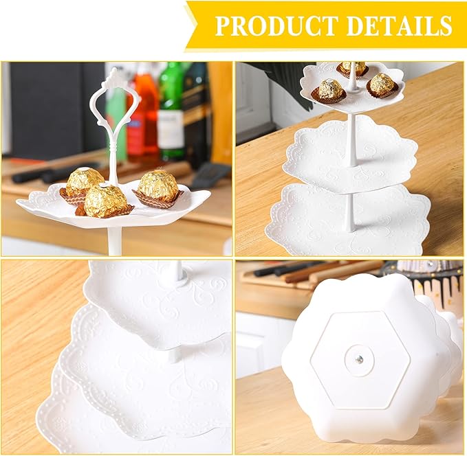 8 Sets 3 Tier Cupcake Stand Plastic Tiered Serving Stand 3 Tier Serving Tray Round Flower Square Hexagonal White Dessert Table Display Set Candy Cupcake Tower Pastry Cupcake Holder for Party Wedding