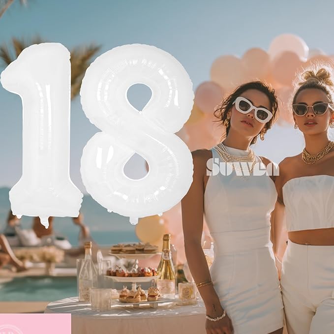 SUWEN 40 Inch White Large 18 Number Balloons Big Foil Helium Number Balloons 0-9 Giant Jumbo Happy 18th Birthday Party Decorations for Boy or Girl Huge Mylar 81 Anniversary Party Supplies