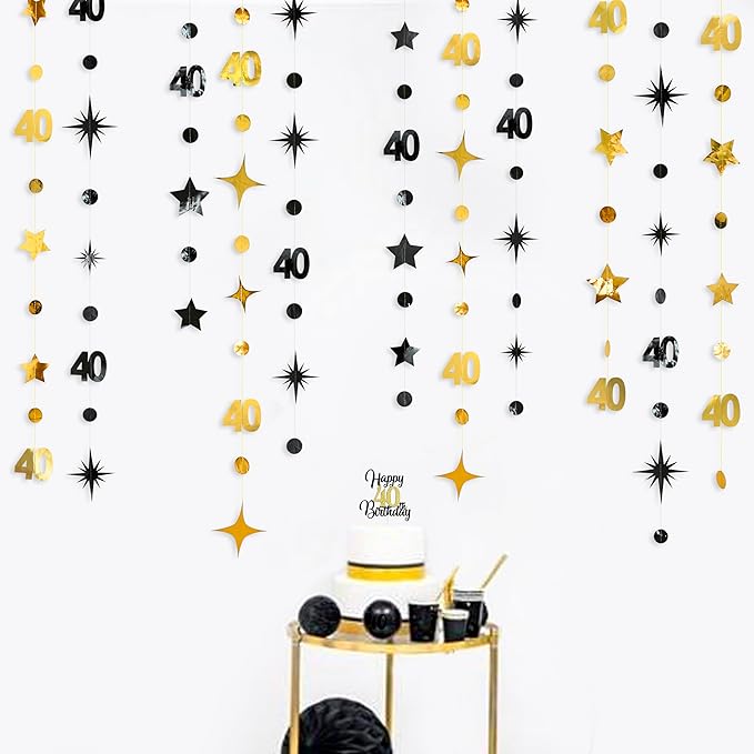 Black Gold 40th Birthday Decorations Number 40 Circle Dot Twinkle Star Garland Streamer Bunting Banner Backdrop for Women Mens Cheers to 40 Years Old Birthday Happy 40th Anniversary Party Supplies