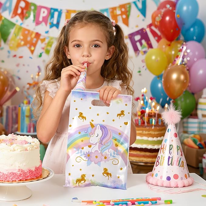 50 Pcs Unicorn Party Favor Bags with Handles - Plastic Treat Bags for Candy & Small Gifts, Bulk Supplies for Wedding Baby Shower Goodie Bags, Holiday Gift Bags for Thanksgiving Halloween Christmas New Years, Birthday Party Decorations