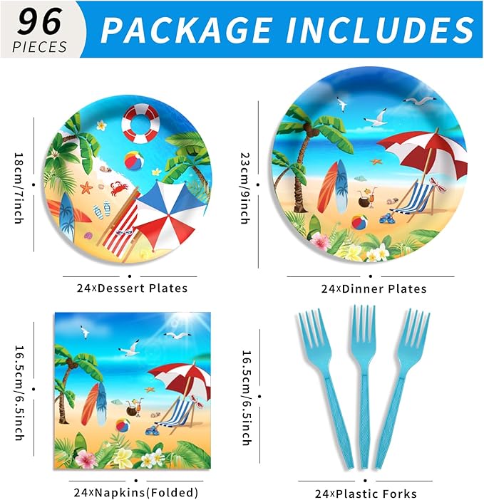 96 Pcs Beach Party Supplies Summer Beach Plates and Napkins Set Summer Decorations Tableware for Hawaiian Party Decorations, Serve 24