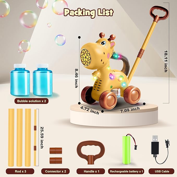 Nicmore Automatic Bubble Machine for Toddler 1-3: Giraffe Bubble Lawn Mover Outdoor Toy for 1 2 3 4 5 Year Old Boy Girl - Push or Handheld Bubble Maker Blower for Age 1-3 Kids Birthday Gifts