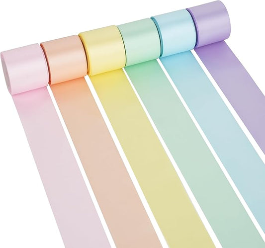 Pastel Ribbon Assortment 1.5 Inch Double Face Satin Ribbon, 6 Rolls 30 Yards Rainbow Colored Ribbon for Garland, Baby Shower, Birthday Party, Wedding, Easter, Christmas, Gift Wrapping