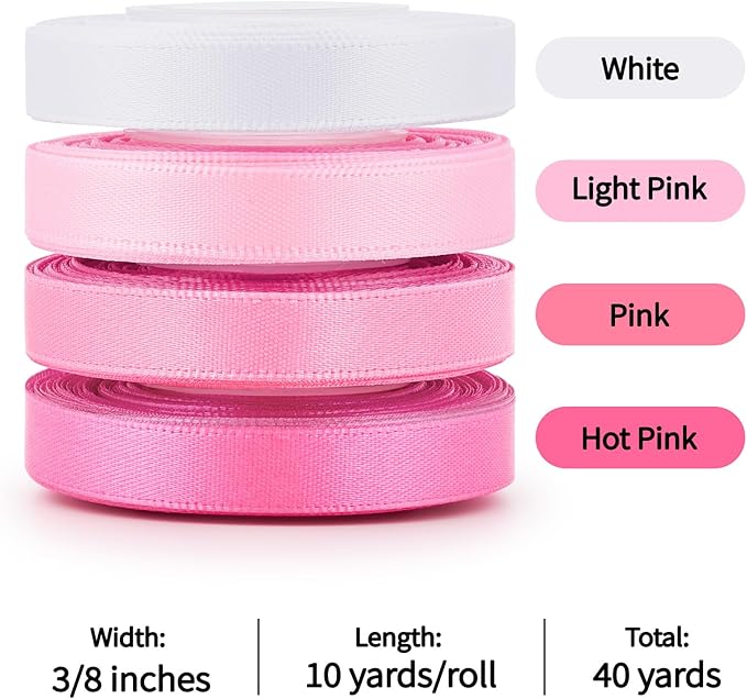 Mauproy 3/8 Inch Pink Satin Ribbon, 4 Rolls Total 40 Yards, Double Faced Mixed Pink Thin Ribbon for Gift Wrapping, Flower Bouquets, Crafts, Wedding, Graduation Decorations