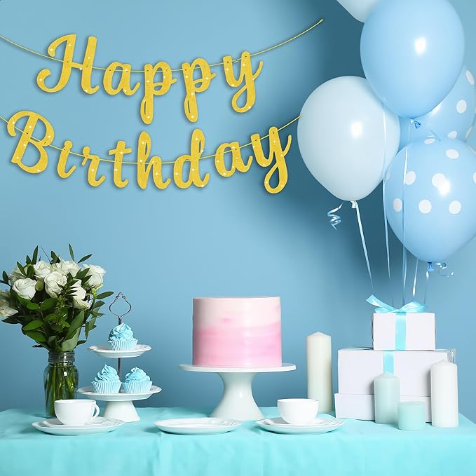 Pre-Strung Glitter Happy Birthday Banner Garlands Gold Happy Birthday Sign Banners for Women Men Boys Girls Party Backdrop Wall Door Decorations