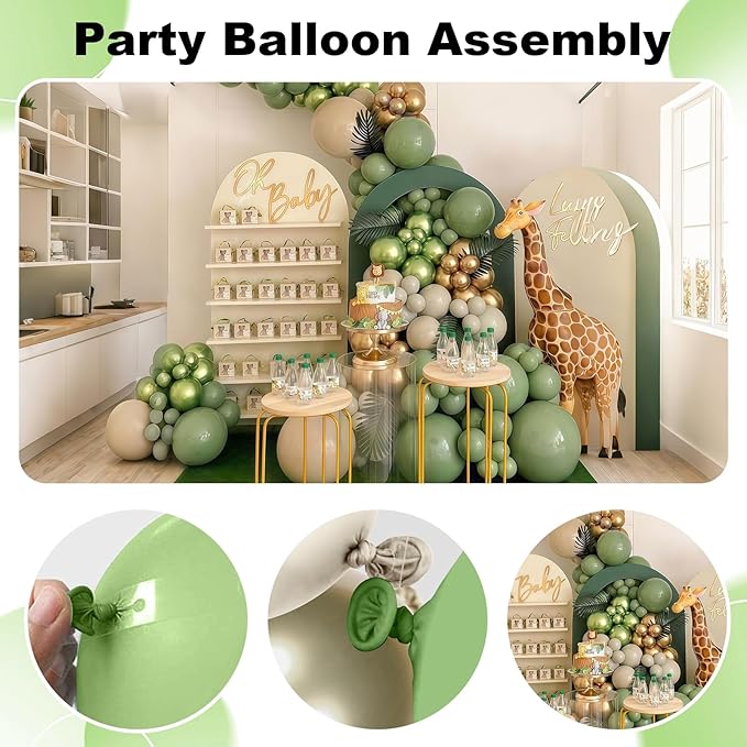 Sage Green and Gold Balloon Arch Garland Kit, Olive Metallic Chrome Green Gold Latex Balloons, Beige Cream Balloons for Wedding Bridal Baby Shower Gender Reveal Birthday Jungle Party Decorations