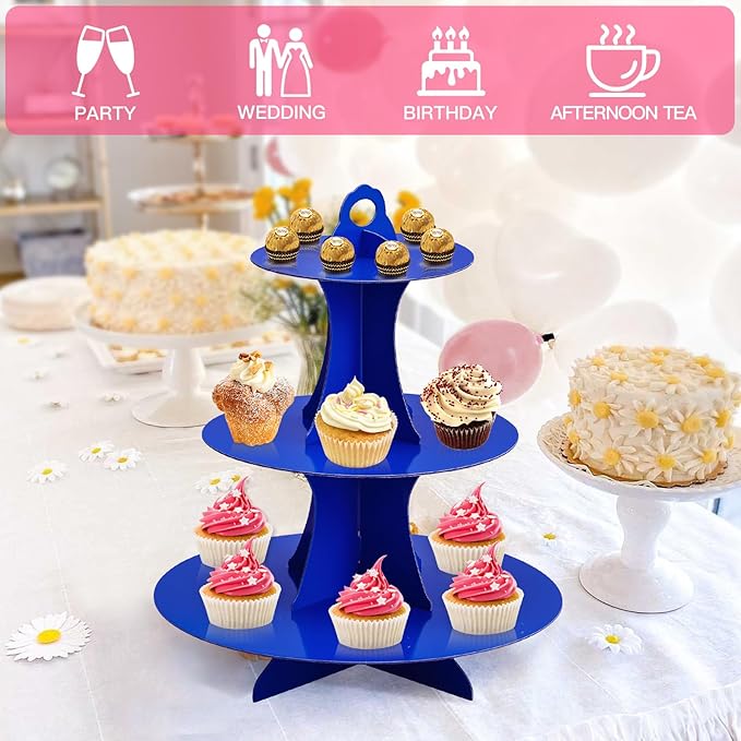 Soleebee 3-Tier Round Cupcake Stand, Cardboard Cupcake Tower, Dessert Cup Cake Stand Tower for Birthday Wedding Party Decoration, Cupcake Tier Stand 2 Set (Dark Blue)