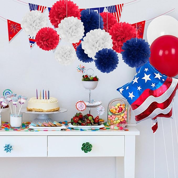18 PCS Tissue Paper Pom Poms, Tissue Pom Poms Flowers, Sizes of 6", 10", 12", 14" Hanging Paper Flower Ball for Independence Day, Fourth of July, Baby Shower Party Decor (Red Blue White)