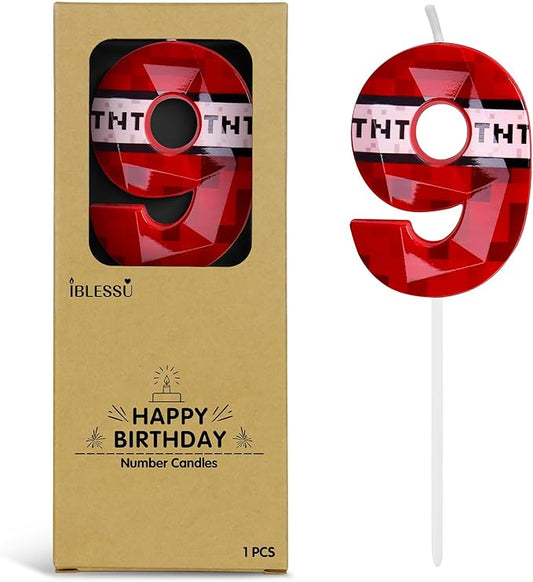 Number 9 Red Pixel Birthday Candle, TNT Themed Birthday Candles for Cake, 2.74 Inch Green Miner Number Candles, Game Themed Candle Birthday Decoration, Red Birthday Cake Topper for Boys Girls Party
