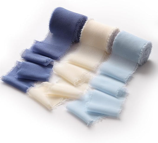 DORIS HOME Blue and Cream Chiffon Ribbon for Flower Bouquet, 2" x21Yd Fabric Ribbon for Gift Wrapping, Handmade Frayed Ribbon for Wedding/Christmas Decorations
