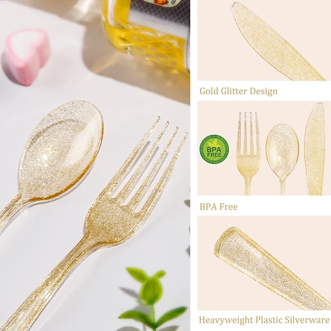 Supernal 300pcs Gold Glitter Plastic Silverware Set-Heavy Duty Disposable Gold Cutlery for Weddings, Parties Include 100 Forks, 100 Spoons & 100 Knives-Glitter Plastic Utensils for 100 Guests
