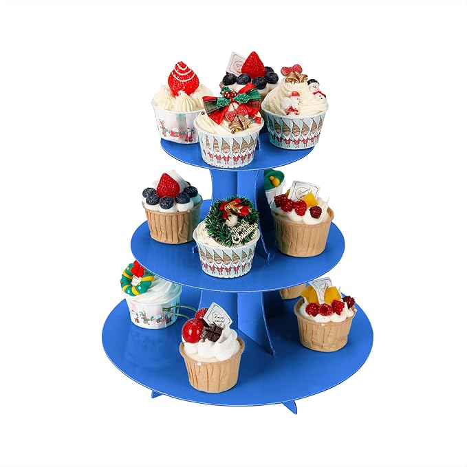 YLDW Cupcake Stand 2Pcs, 3-Tier Cupcake Stand Display, Cardboard Cup Cake Tower Stand, Disposable Dessert Stand for Birthday Tea Party Baby Shower Treat Decorations, Blue