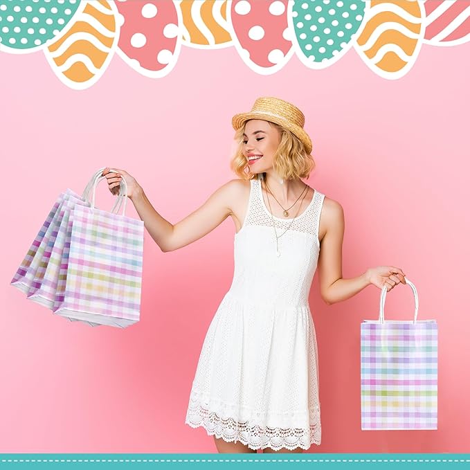 Humyoun 24 Pcs Spring Easter Checkered Gift Bags Easter Goodies Bags Spring Paper Gift Bags with Handles Easter Egg Hunt Party Treat Bag for Spring Easter Party Supplies