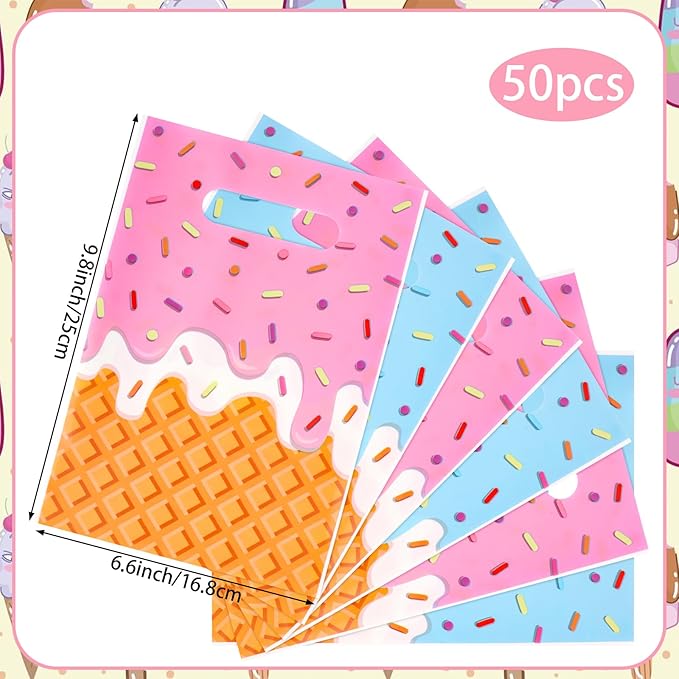 Hxezoc 50 Pieces Ice Cream Gift Bags Plastic Ice Cream Bags Practical Party Bag Party Favors for Cute Summer Theme Birthday Party Decoration Supplies