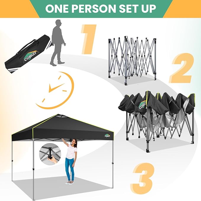 COBIZI 10x10 Pop Up Canopy Tent, Outdoor Party Tent Without Sidewall One Push Setup Glow, 3 Adjustable Height Air Vent Waterproof UPF50+, Bag, 4 Sandbag, 8 Stake, 4 Rope for Beach, Commercial