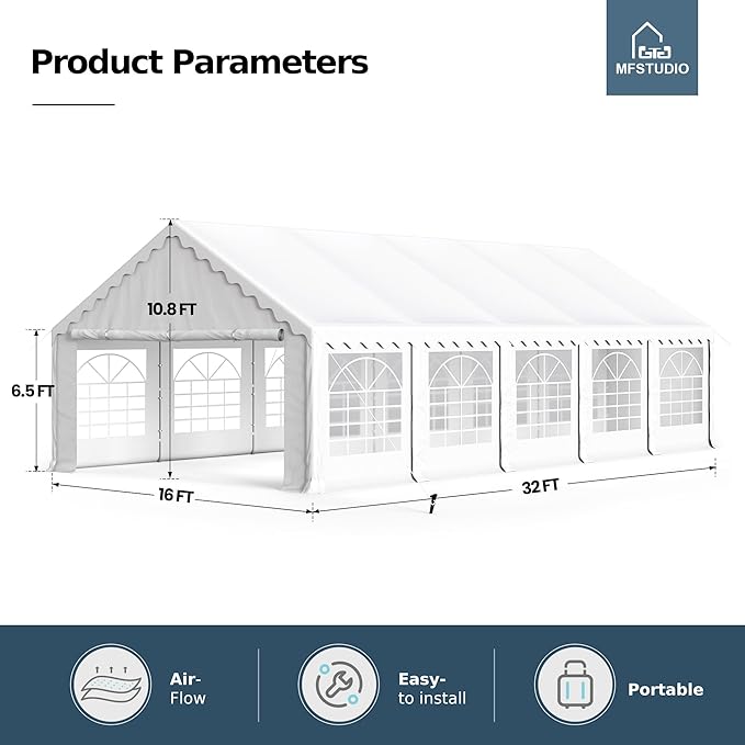 MFSTUDIO 16x32 Party Tents, Outdoor Heavy Duty Tents for Parties with Removable Sidewalls, Canopy Events Tent Shelter for Outdoor Wedding Birthday Backyard, White