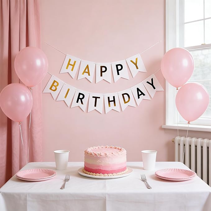 Happy Birthday Banner Sign Bunting Hanging Decorations with Shiny Gold Balloons Birthday Party Sign Decor for Party Supplies(white)