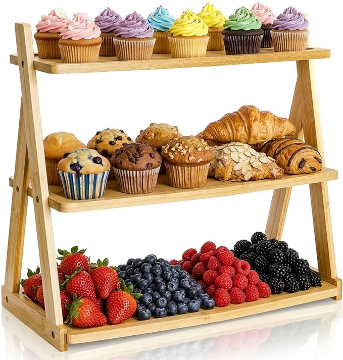 3 Tier Bamboo Serving Tray, Rectangle Serving Platters Tiered Tray Stand, Fruit Cupcake Display Stand Farmhouse Decorative Trays for Appetizers, Snacks, Dessert, Party, Birthday, Wedding