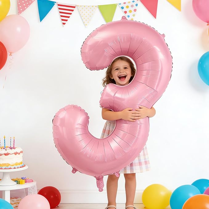 Pastel Pink 3 Balloons, 40 Inch Large Light Pink Foil Number Balloons 0-10, Self-Sealing 3rd Birthday Balloon for Girls Women Anniversary Baby Shower Princess Party Decorations Supplies