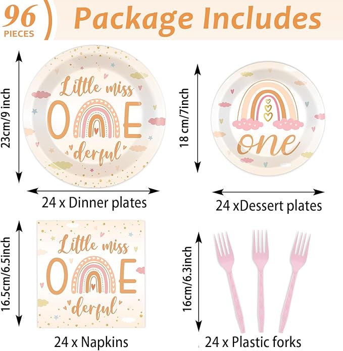 96Pcs Boho Rainbow Party 1st Decorations Miss Little One Derful 1st Themed Tableware Rainbow First Trip Birthday Plates Napkins Forks Onederful Dinnerware Supplies for Baby Shower Birthday Serves 24