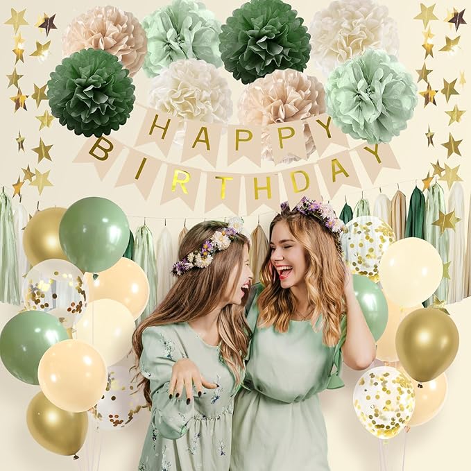 ELTNEGSA Sage Green Birthday Party Decorations with Banner, Tissue Tassels, Paper Pompoms, Balloons, Star Garland, Cake Topper