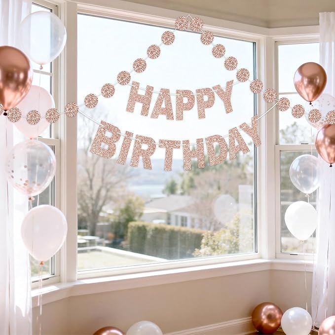 GCQQ Rose Gold Happy Birthday Banner - Glitter Pre-Strung 3M Pre-Strung Letter Garland + 2.5M Rose Gold Dot Garlands Woman Girls Birthday Party Banners Backdrop Decoration Supplies, No DIY