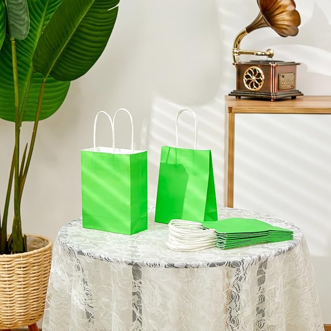 SUNCOLOR Small Green Paper Gift Bags with Handles, 25-Pack,6" Mini bags for Jewelry, Candies, Gadgets, Party Favors