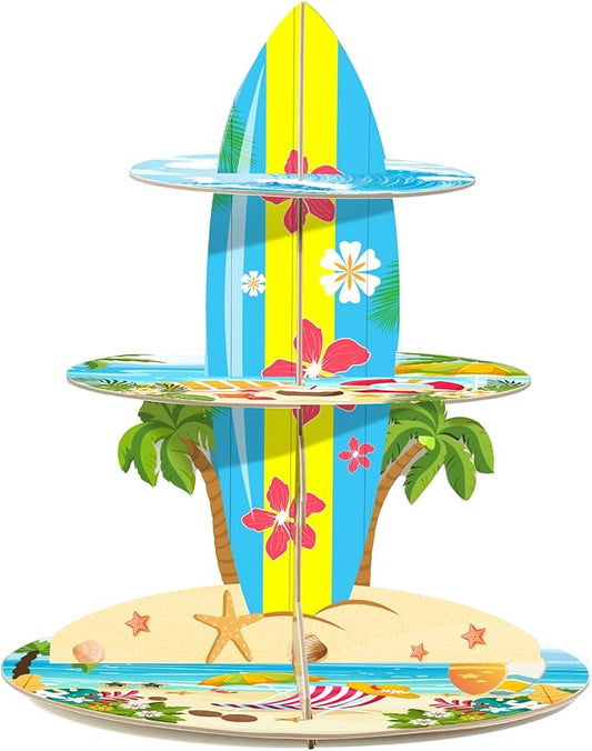 3-Tier Cupcake Stand for Beach Party Decorations - Multi-Colored Tropical Luau Pool Party Supplies, Hawaiian Themed Birthday Cake Stand for Baby Shower Wedding Decorations