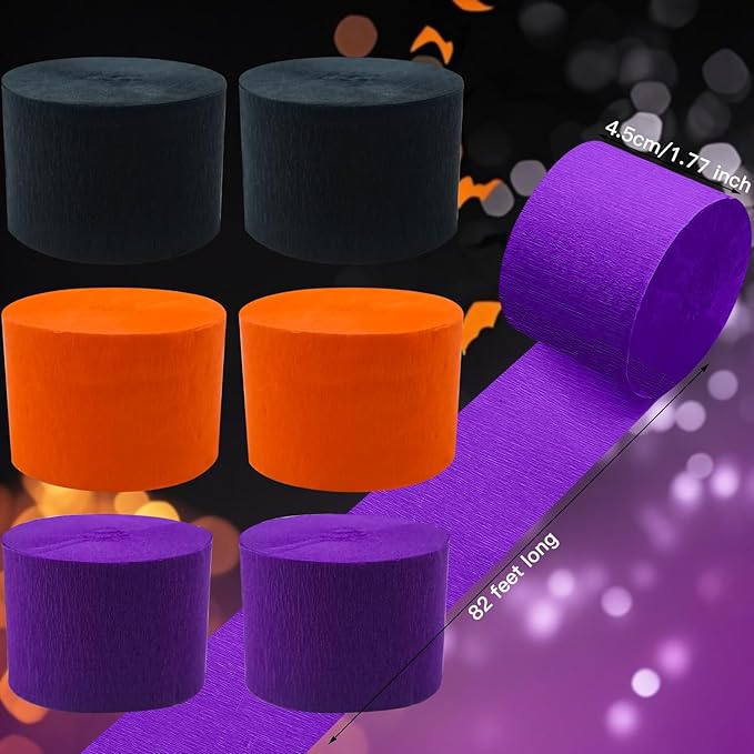 PheiLa Crepe Paper Streamers 6 Rolls 492ft, Crepe Paper Halloween Decorations Orange Black Purple Party Supplies for DIY Gift Wrapping Birthday Holiday Party Decor, 1.77 Inch x 82 Ft/Roll