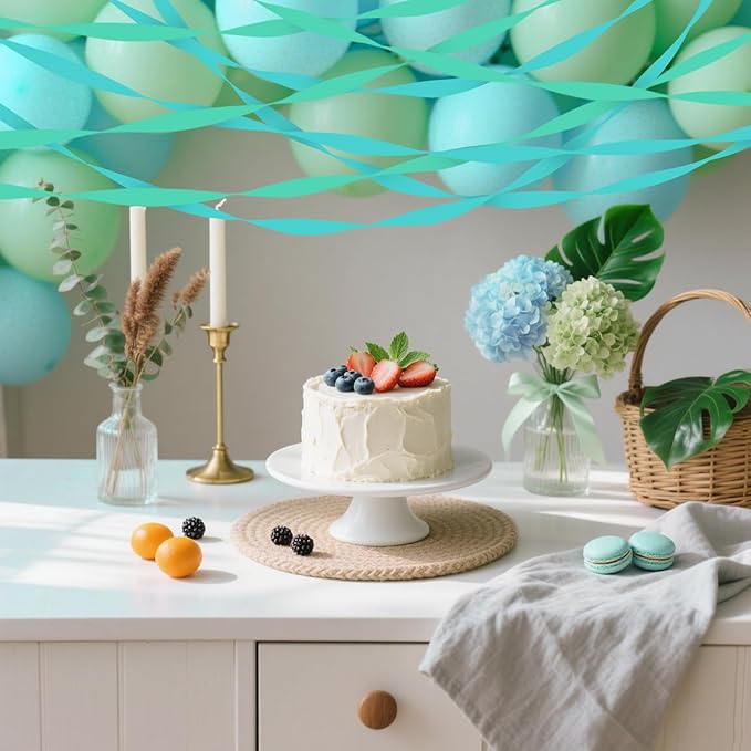 4 Crepe Paper Streamers Rolls, 328ft Pack of Mint Green and Blue Crepe Paper for Wedding Ocean Theme Engagements Birthday Party Decoration Supplies (1.8 inch x 82 ft/Roll)