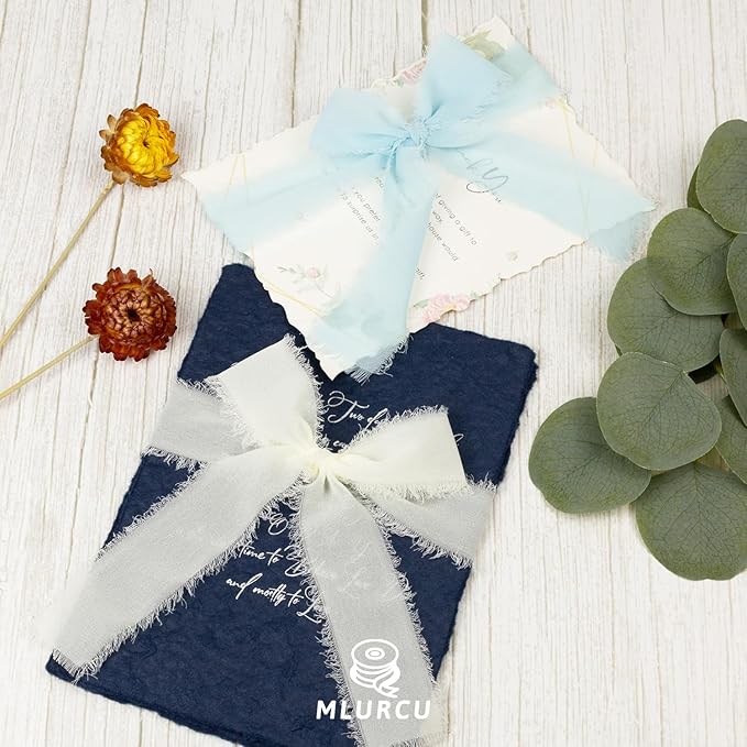 Blue Chiffon Ribbon 1.5 Inch x 21Yds Handmade Fringe Chiffon Silk Ribbon Blue & Cream Frayed Chiffon Ribbon for Baby Shower Wedding Invitation Flower Bouquets Gift Wrapping