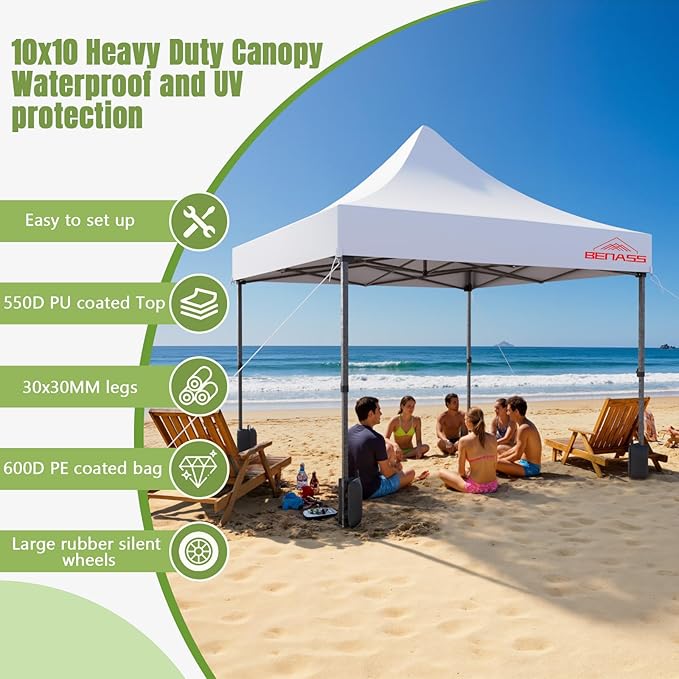 10x10 Heavy Duty Pop Up Canopy with 4 Sidewalls, 550D Commercial Easy Up Canopy Tent, Waterproof Outdoor Party Event Tent with Roller Bag, White