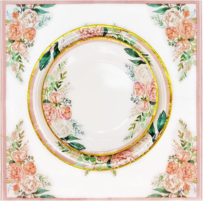 Boosolo Floral Party Supplies - Paper Plates and Napkins Sets for 50 Guests - Include Floral Party Disposable Paper Dinner Plates, Napkins for Baby or Bridal Shower, Birthday, Wedding