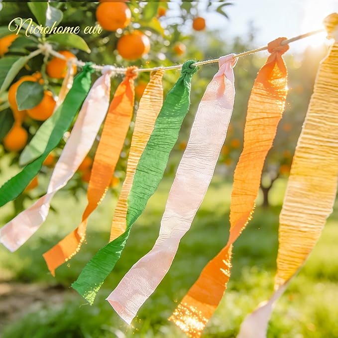 NICROHOME EUR Little Cutie Baby Shower Decorations, 8 Rolls Citrus Orange Green Pink Gold Crepe Paper Streamers, 82 ft Long